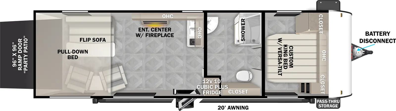 The X-Lite Northwest 265RTXL floorplan is a toy hauler that has one entry and zero slide outs. Exterior features include: metal exterior and 20' awning. Interiors features include: front bedroom and pass through bathroom.